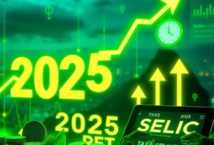 Crie uma imagem futurista que represente a Taxa Selic em 2025. Mostre um gráfico em ascensão e queda, com ícones de economia como moedas, gráficos financeiros, um relógio simbolizando o futuro (2025), e elementos que remetam ao Brasil, como a bandeira nacional ou o Cristo Redentor ao fundo. Use cores vibrantes, como verde e amarelo, para destacar otimismo e crescimento econômico. Inclua também símbolos de inflação controlada, como uma seta estável, e investidores analisando dados em tablets ou telas holográficas.