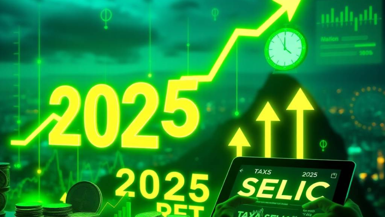 Crie uma imagem futurista que represente a Taxa Selic em 2025. Mostre um gráfico em ascensão e queda, com ícones de economia como moedas, gráficos financeiros, um relógio simbolizando o futuro (2025), e elementos que remetam ao Brasil, como a bandeira nacional ou o Cristo Redentor ao fundo. Use cores vibrantes, como verde e amarelo, para destacar otimismo e crescimento econômico. Inclua também símbolos de inflação controlada, como uma seta estável, e investidores analisando dados em tablets ou telas holográficas.