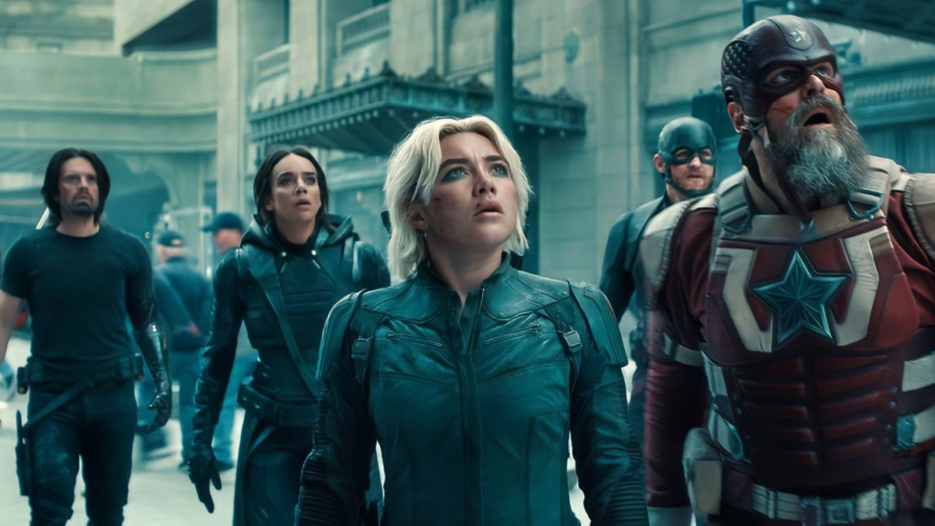 A cinematic, high-contrast trailer for Marvel's Thunderbolts movie. A dramatic, shadowy scene of the team of anti-heroes and villains-turned-heroes standing together, their faces partially obscured by dramatic lighting. Thunderous clouds overhead, punctuated by flashes of lightning illuminating their resolute expressions. The team is poised for action, their powerful silhouettes commanding the frame. A sense of anticipation and foreboding pervades the composition, hinting at the thrilling conflicts and moral complexities to come. The image captures the essence of the Thunderbolts' gritty, morally ambiguous nature, building excitement for the upcoming film.